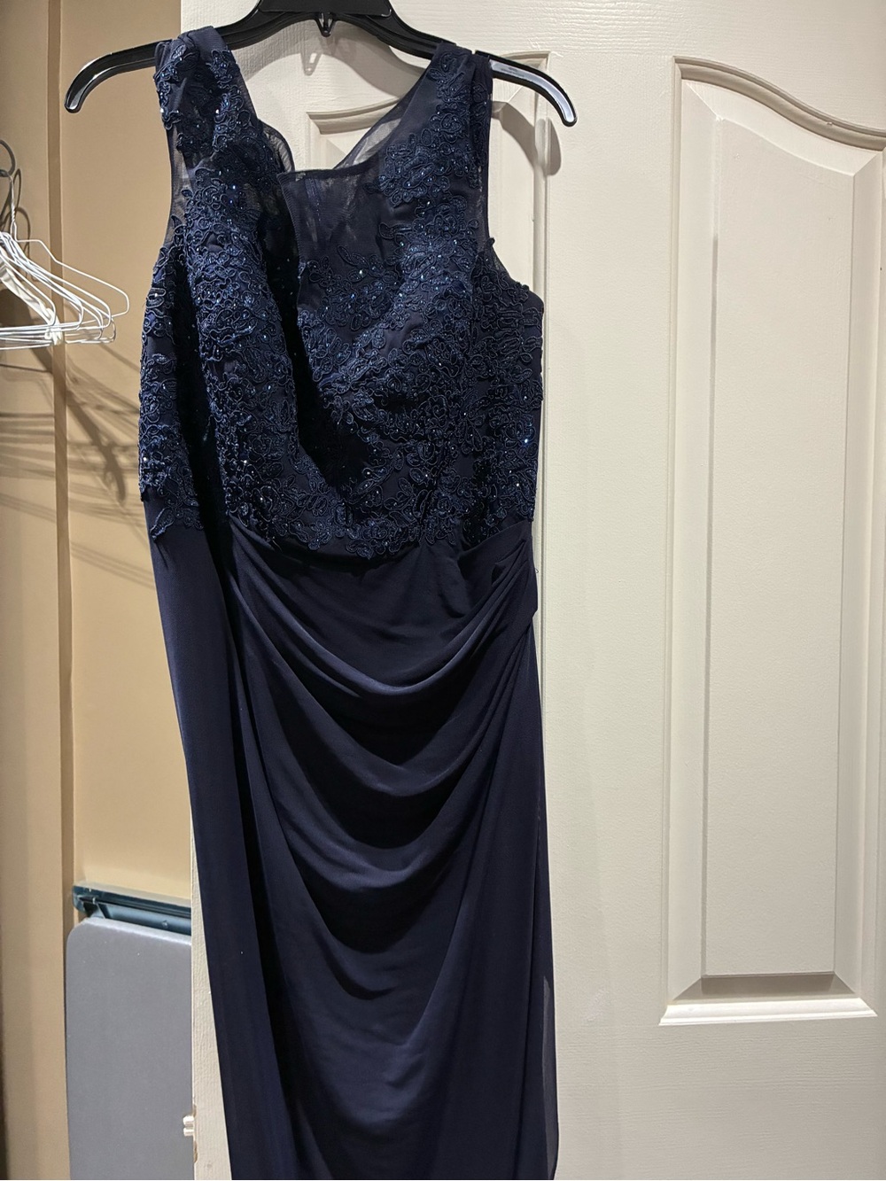 Elegant Navy Beaded Lace Maxi Dress by